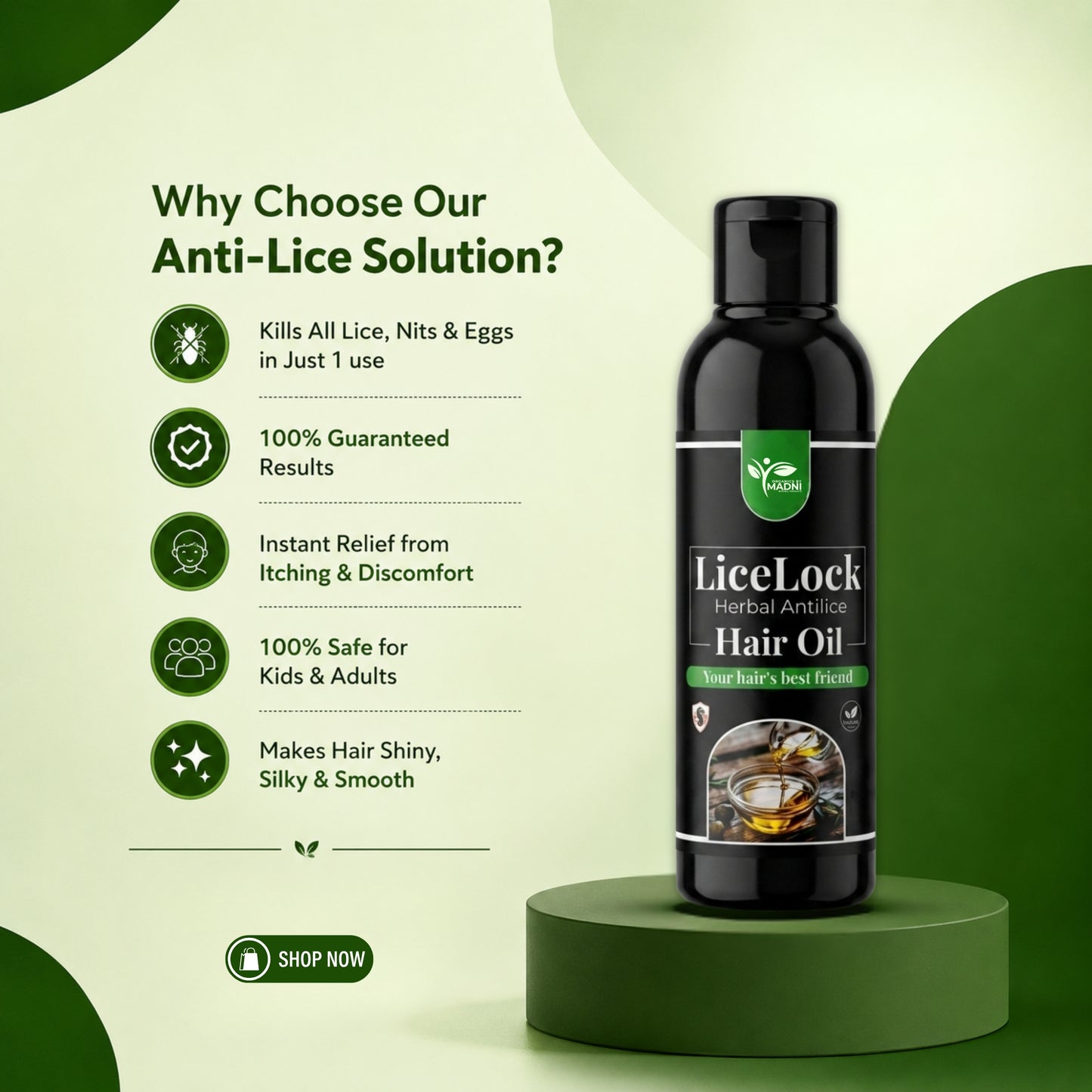 LiceLock Herbal Antilice Hair Oil bottle with promotional text on a green background